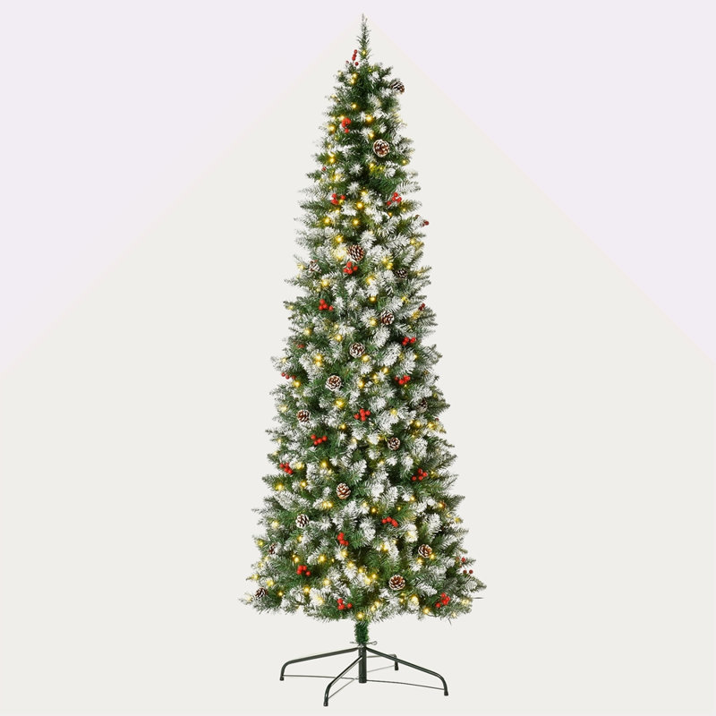 Arbre de Noël artificiel 7,5 pi avec lumières réalistes, 350 lumières DEL, pommes de pin, baies rouges et 1075 pointes