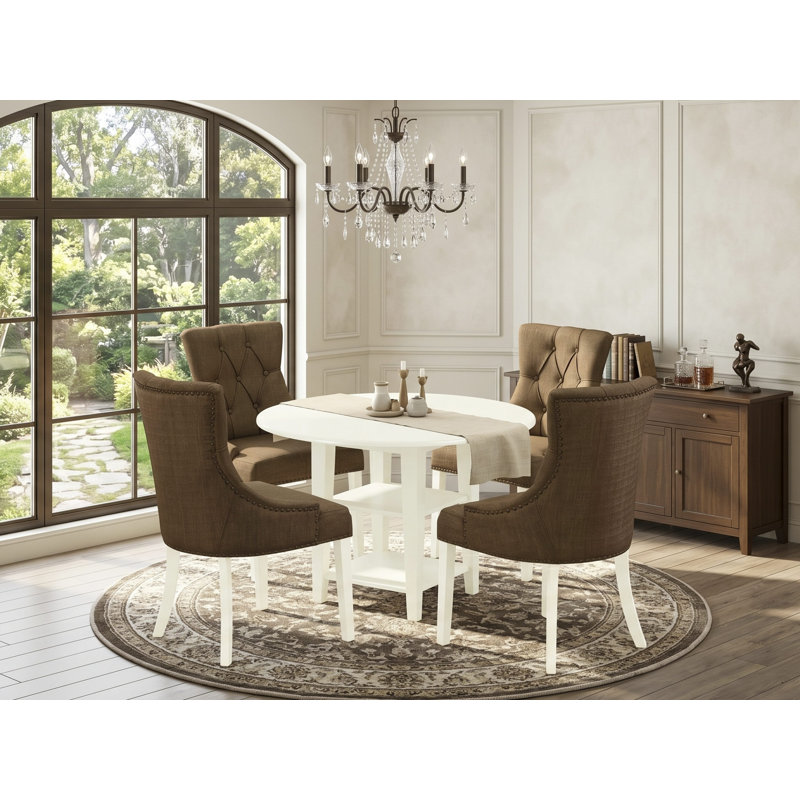 Friary Drop Leaf Solid Wood Dining Set, 5, Linen White, Dark Coffee