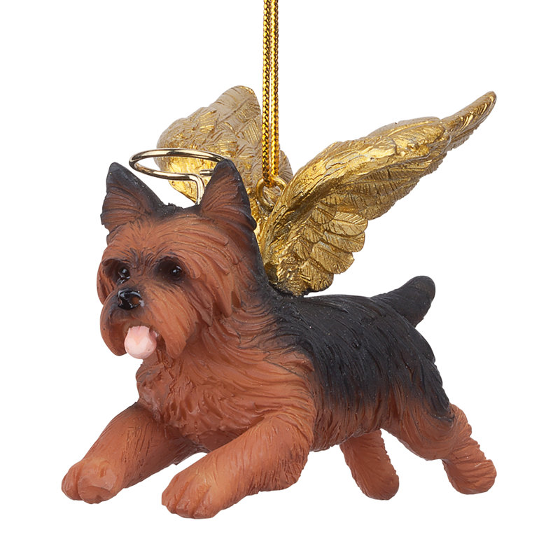 Yorkie Angel Ornament with Golden Wings in Resin