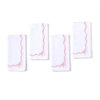 Ensemble de 4 serviettes de table en coton brodées Bow-tty, lavables à la machine 20 po x 20 po - blanc