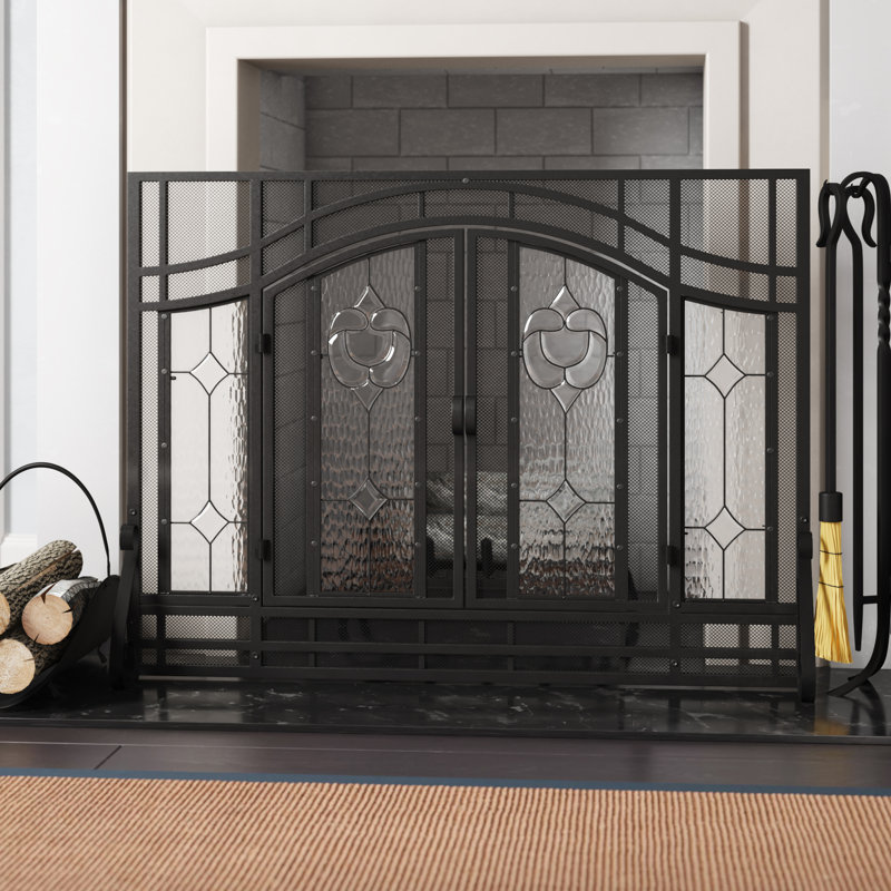 Black Steel Two-Door Fireplace Screen with Glass Panels