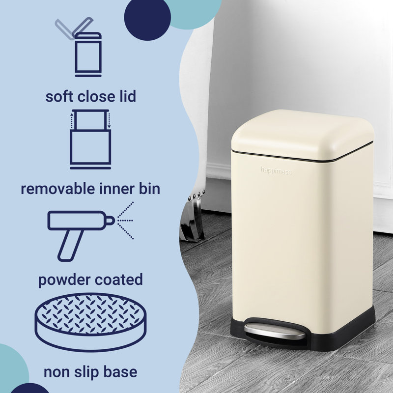 Betty Retro Steel Step On Trash Can, 3.2 Gallons, Limestone Beige