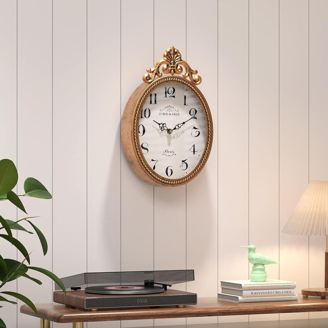 10.4" x 6.7" Antique Gold Vintage Oval French Retro Wall Clock Silent Battery Operated Boho Farmhouse Decor