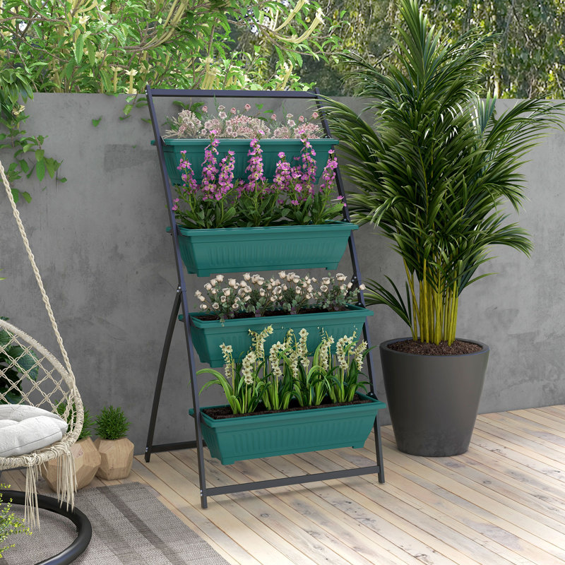 4-tier vertical garden planter with self-draining design, Green