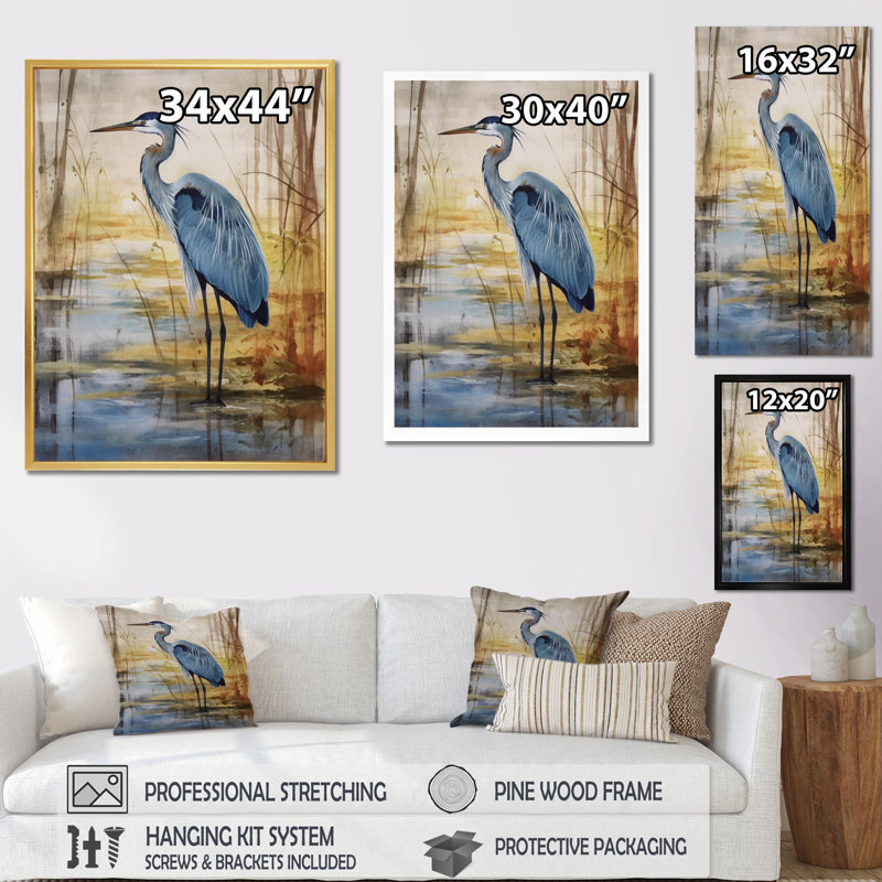 «Blue Heron» par Watersite Watercolor - oiseau, art mural, Cadre flottant doré, H 40 po x l 30 po x P 1,5 po