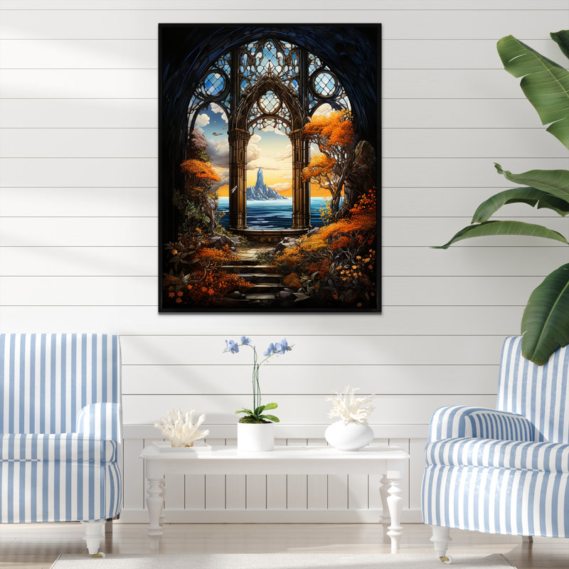 Fleur d'oranger orange fenêtre - art mural de fenêtres côtières, Cadre flottant noir, H 40 po x l 30 po x P 1,5 po