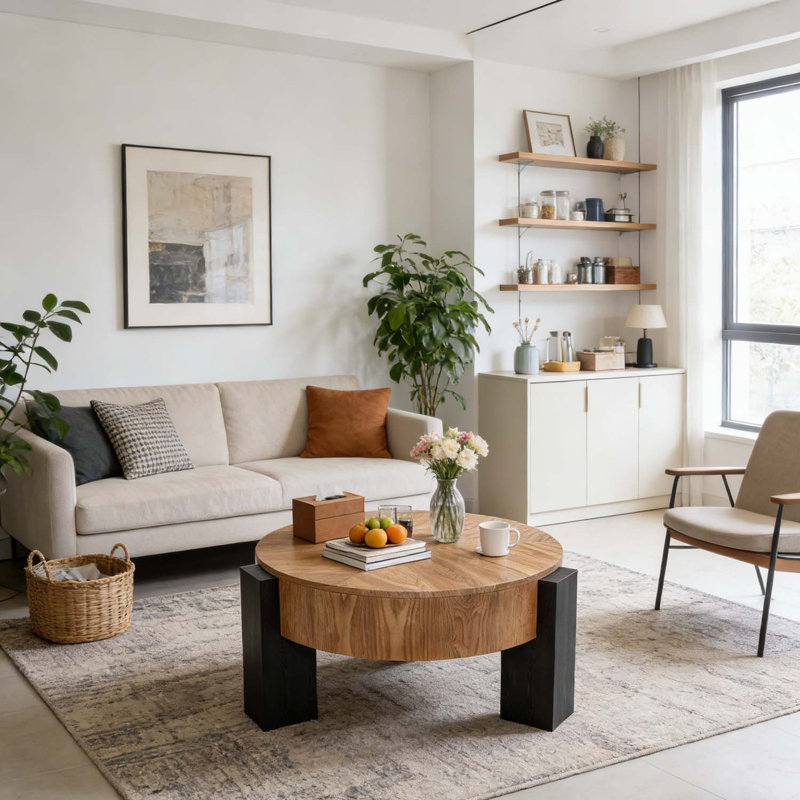 Table basse ronde moderne avec 3 pieds robustes, Noir mat, bois naturel