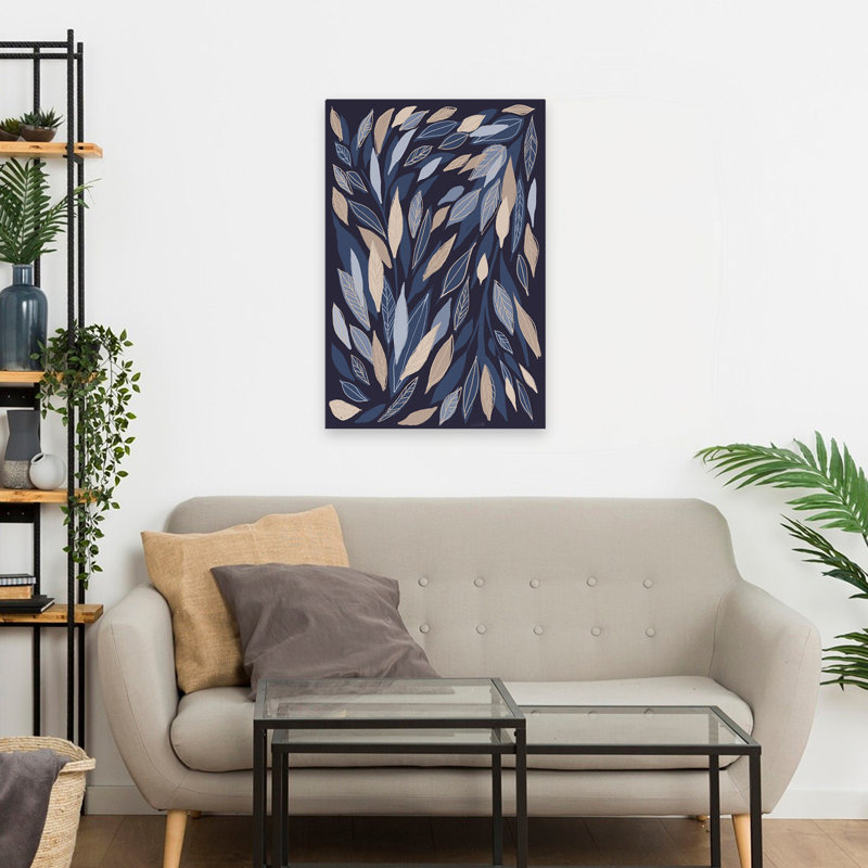 Leafy Lines Dark Modern Blue Modern Beige Cream, 24" H x 16" W