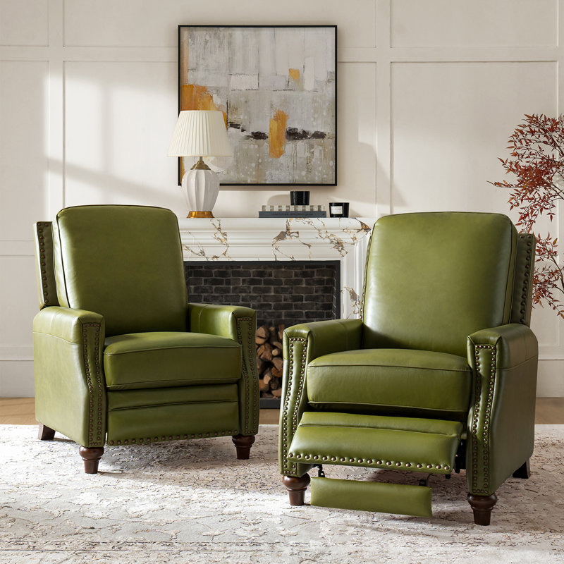 Andrena 34" W Top Grain Leather Recliner with Nailhead Trim, Genuine Leather Olive