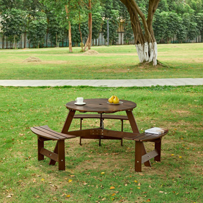 Table de pique-nique d'extérieur pour 6 personnes - trou de parasol, 3 bancs intégrés, imperméable, pour la cour arrière avec bancs