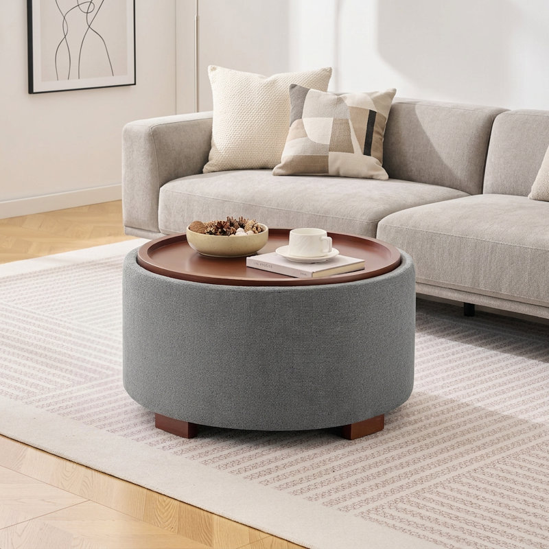 Repose-pieds rond 29 "avec plateau, table basse rembourrée pour le salon et la chambre à coucher, Gris