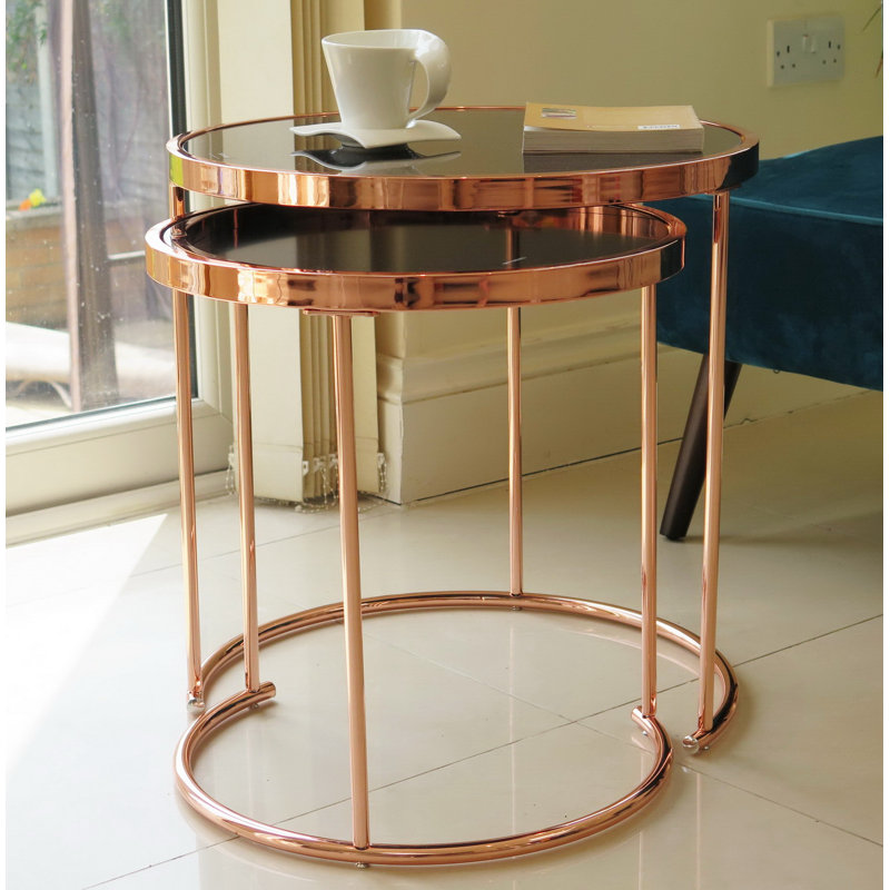 Middlewich Glass Top Frame Nesting Tables, Copper, Black Glass