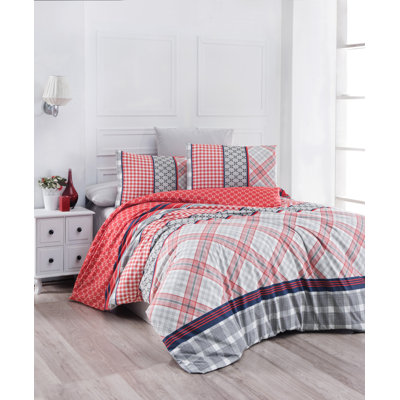 Housse de couette 100% coton de qualité supérieure Ranforce, rouge, gris et bleu foncé, housse de couette 53,1 po x 78,7 po | Comprend 1 taie d'oreiller 31,5 po x 31,5 po | Doux, durable, 142 fils au pouce carré, lavable à la machine