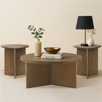 Ensemble de table de salon moderne 3 pièces avec plateau rond et base de panneau sculptural