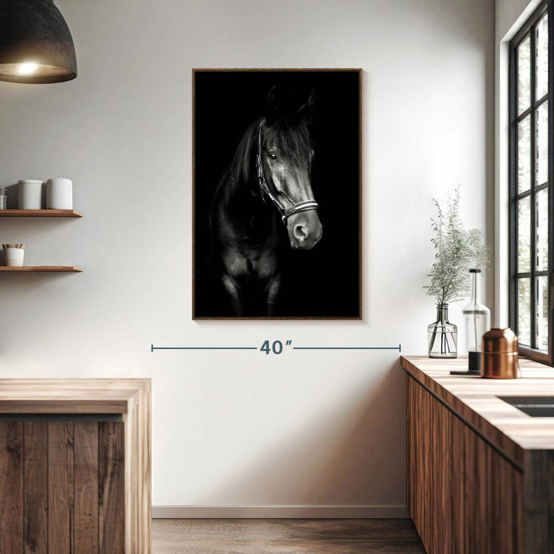 Black Horse In The Dark, 27" x 40", Floating Frame Walnut
