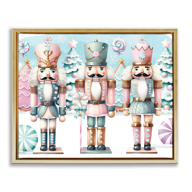 «Pastel Nutcracker Trio», toile encadrée dorée sur toile flottante par Nicole DeCamp, H 17 po x l 21 po