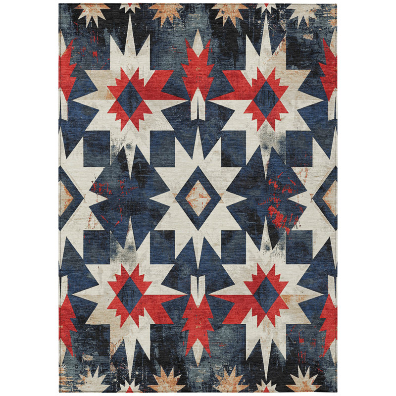 Machine Washable Indoor/Outdoor Xhevrie Navy Rug, Rectangle 10' x 14'