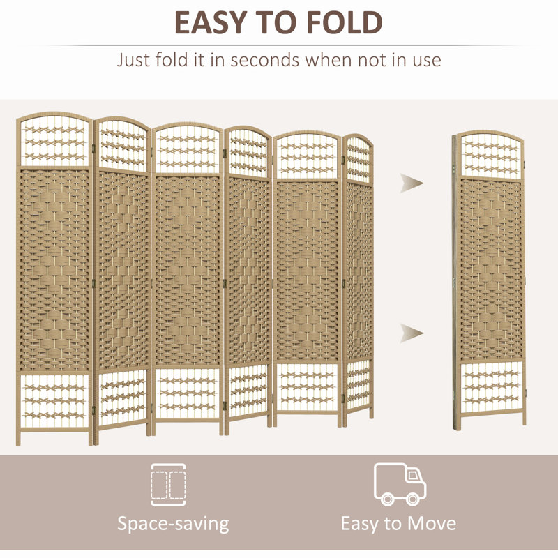 Paravent pliable 6 panneaux, 5,6 pi, écran d'intimité en fibre Wave, bois naturel silencieux pour la chambre à coucher, le salon, la cloison du bureau personnel, espace de travail confortable