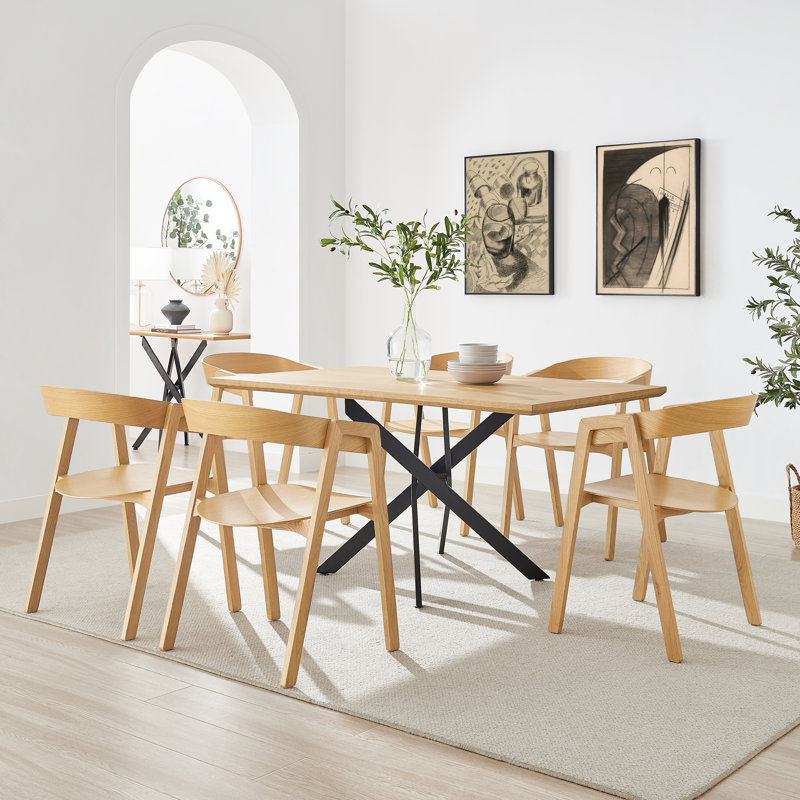 Aminata Veneer & Metal Round Dining Table With Arvey Oak Veneer Chairs - Modern Statement Design, Oak, 6