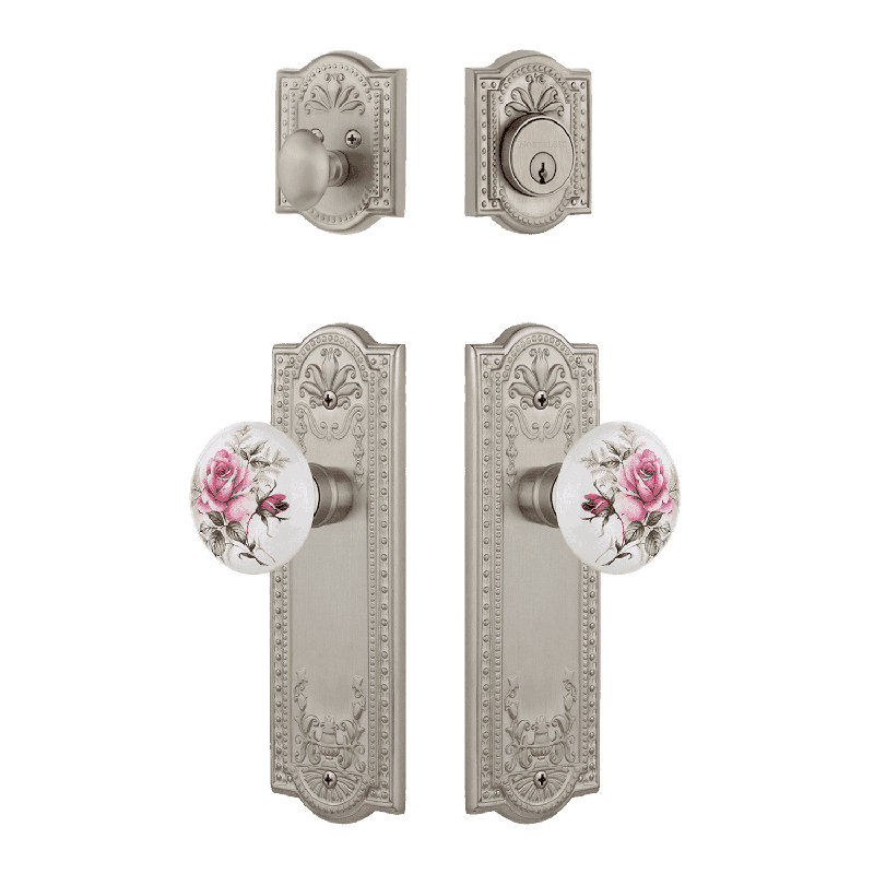 Ensemble d'entrée avec poignée en porcelaine rose Nostalgic Warehouse Meadows, Nickel satiné, 2.375