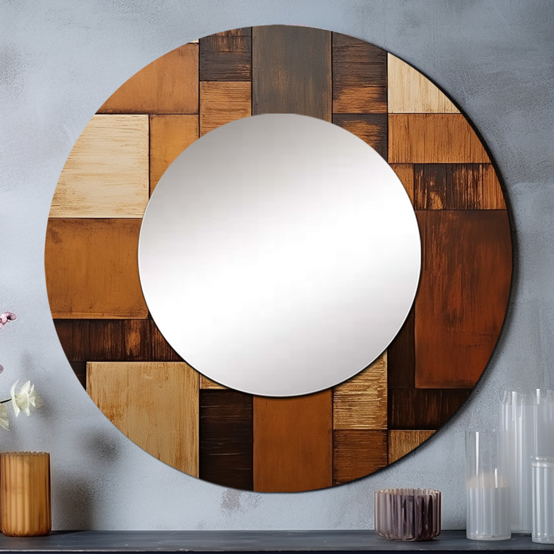 Bronze brillant Symetry I - grand miroir mural à formes abstraites, miroir décoratif rond brun, impression d'art en métal