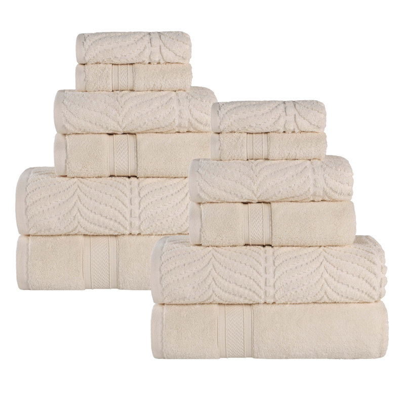 Purdey Chevron Zero Twist Solid and Jacquard Cotton 12 Piece Bathroom Towel Set, Ivory