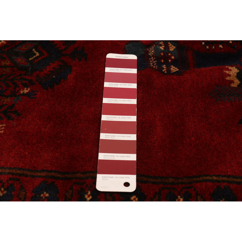 Tapis rouge en laine noué à la main de conception unique 6 pi 9 po x 9 pi 7 po Teimani