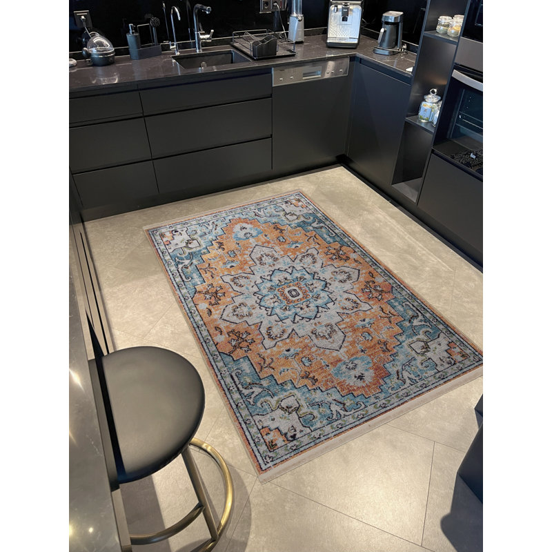 Tapis décoratif rétro à motif bleu et orange, Rectangle 4 pi 11,06 po x 7 pi 6,55 po