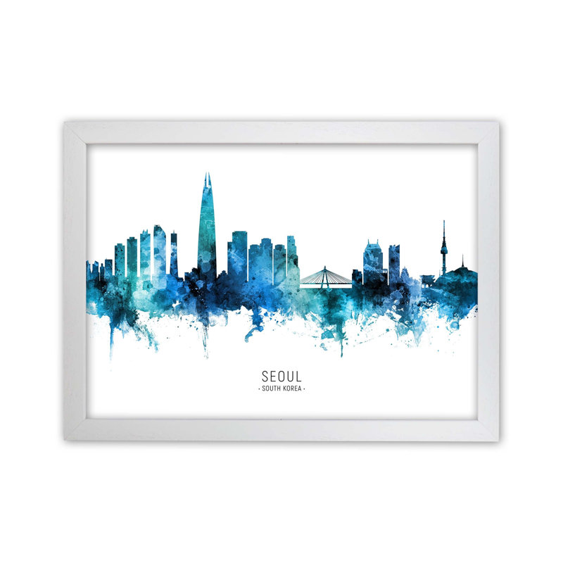 Seoul South Korea Skyline Blue City Name by Michael Tompsett - Print, White Framed, 25cm H x 34cm W x 3cm D