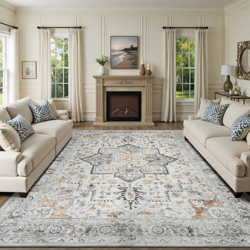 5'X7' Washable Vintage Boho Area Rugs Low Pile Non Slip Brown, Rectangle 5' x 7'