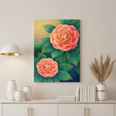 Ensemble de 1 tableau sur toile tendue représentant des roses roses et des feuilles vertes