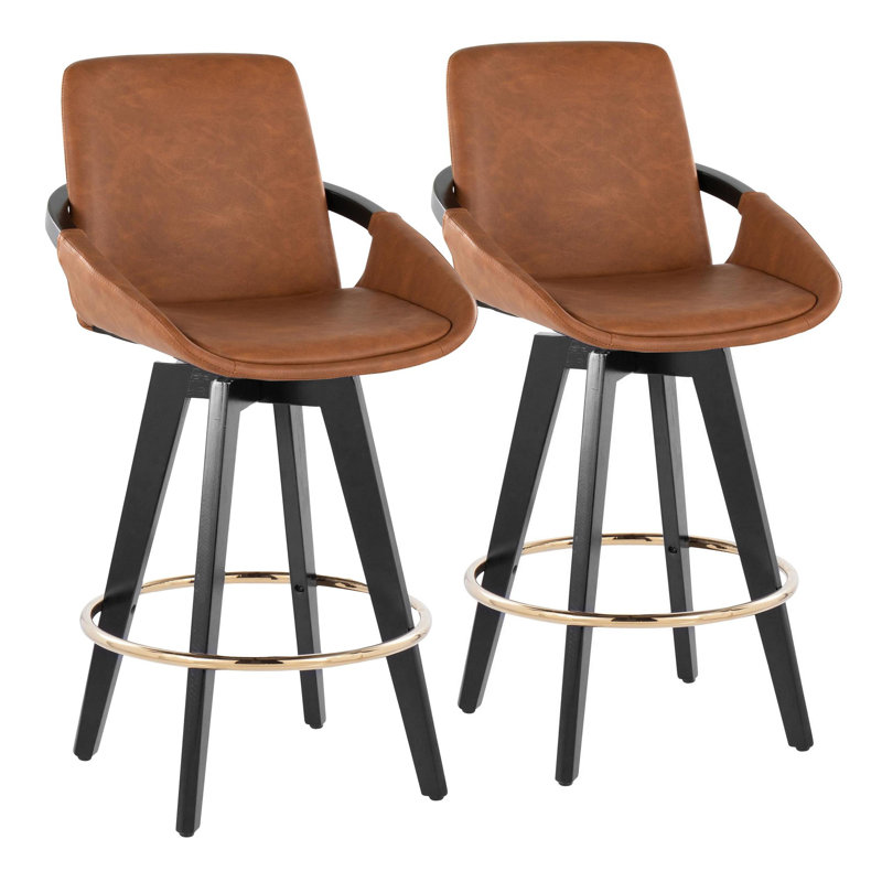 Tabouret de comptoir à hauteur fixe en similicuir de 26 po avec pieds en bois noir et repose-pieds rond Whitacre