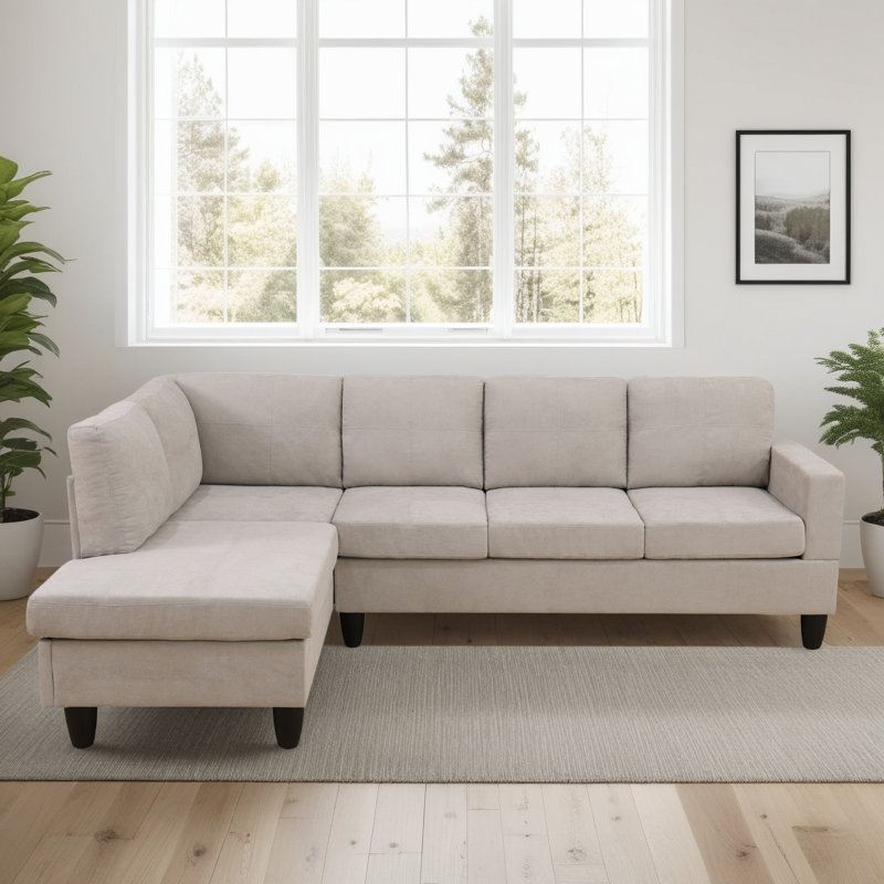Off-White Fluffy L-Shaped Sectional Sofa, Left Hand Facing