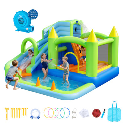 Inflatable Bounce House, 11.3 x 12.3 x 7.0 ft Inflatable Bounce House Water Slide, Bouncer Castle with Castle Bounces, Basketball Hoop, Splash Pool & Water Ring Toss, for 3 to 4 Kids Ages 3 to 8