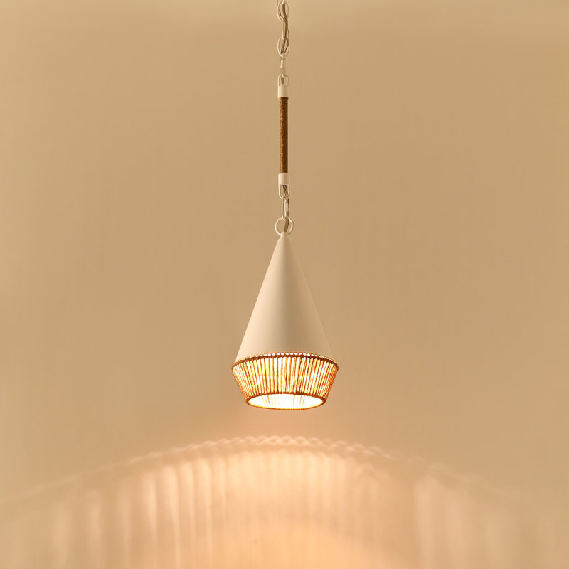 14" White Rustic Hemp Rope Pendant Light, 1-Light Metal Hanging Lamp with Hand-Woven Shade for Kitchen Island, White