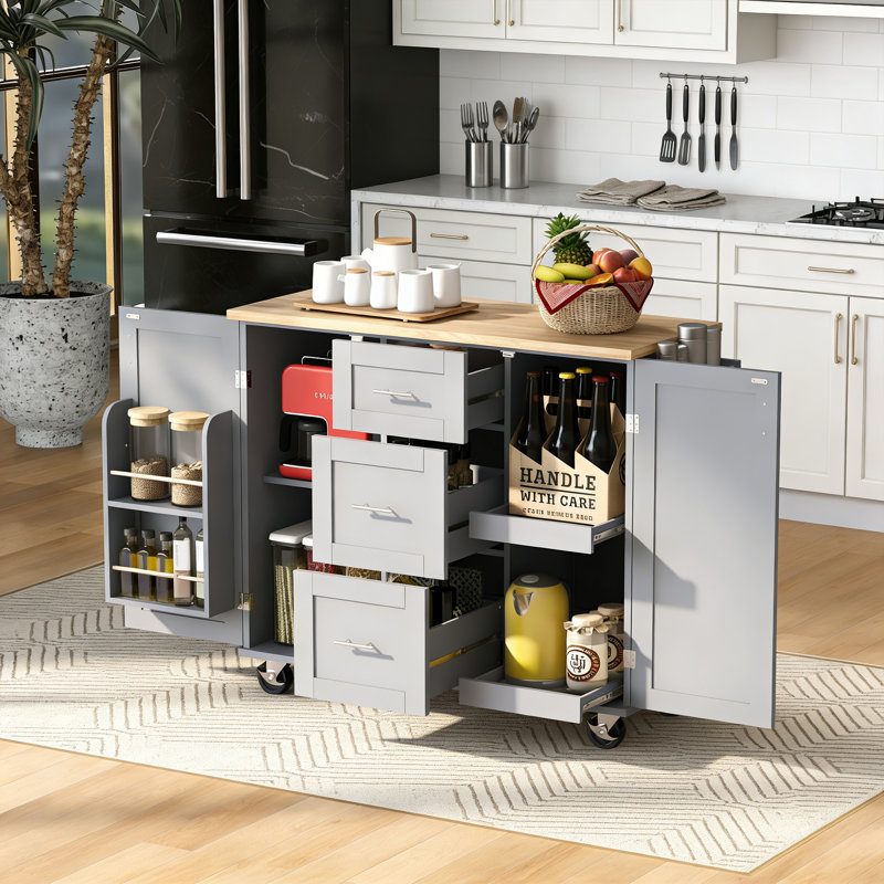 Kitchen Island With Rubber Wood Top, Gray
