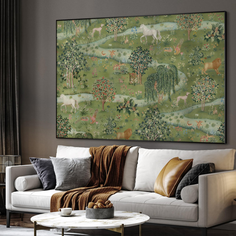 Très grand imprimé mural d'art sur toile - Forêt médiévale fantastique avec des animaux des bois, décor de scène inspiré d'un livre d'histoires pour le salon ou la chambre à coucher - «Assemblage requis du cadre (cadre non fini)»