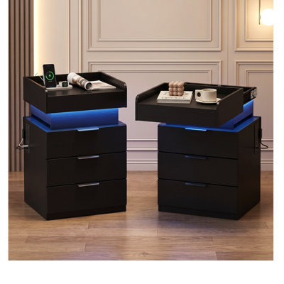 Night Stand with Charging Station LED Nightstand with Storage Drawers Set of 2