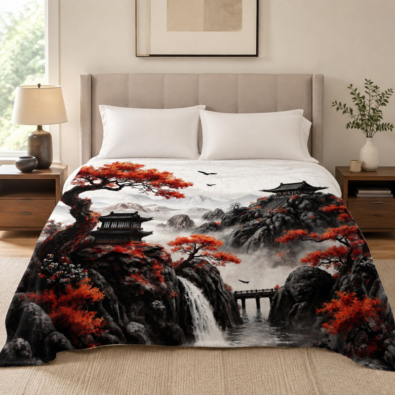 Japanese Mountain Temple Throw Blanket, Mountain Waterfall Pagoda Misty Landscape Pattern, Ultra Soft, Lightweight, Breathable, All-Season, Skin-Friendly, Machine Washable, Decorative, for Sofa, Couch, Living Room and Bedroom