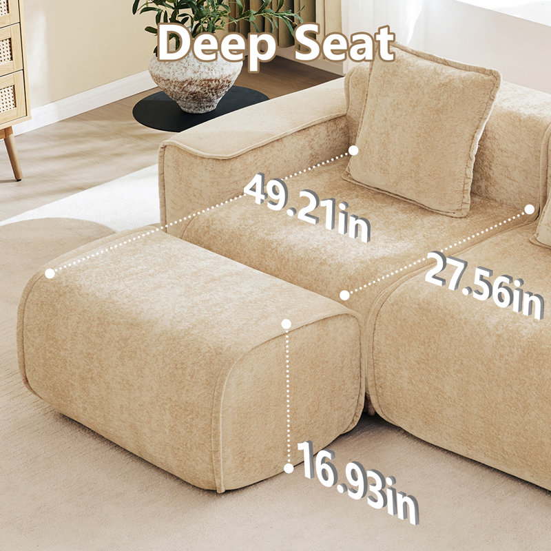 Modular 2 Seat L Shape Sectional Boneless Sofa Streamlined Design  With French Edge Piping, No Assembly Required, 3-Seat Sofa Couch With Throw Pillows And 1 Movable Ottoman, Velvet Fabric