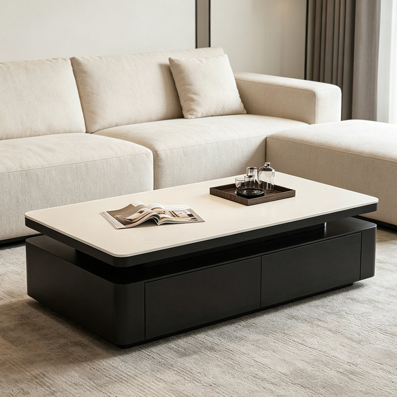 Table basse rectangulaire en granit de style luxueux, H 18,1 po x l 47,2 po x P 23,6 po, Blanc/Noir