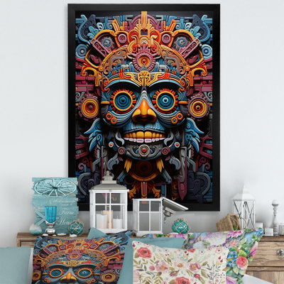 Albali Teal Orange Mexico Vibrant Aztec Mask - Mexico Framed Wall Art