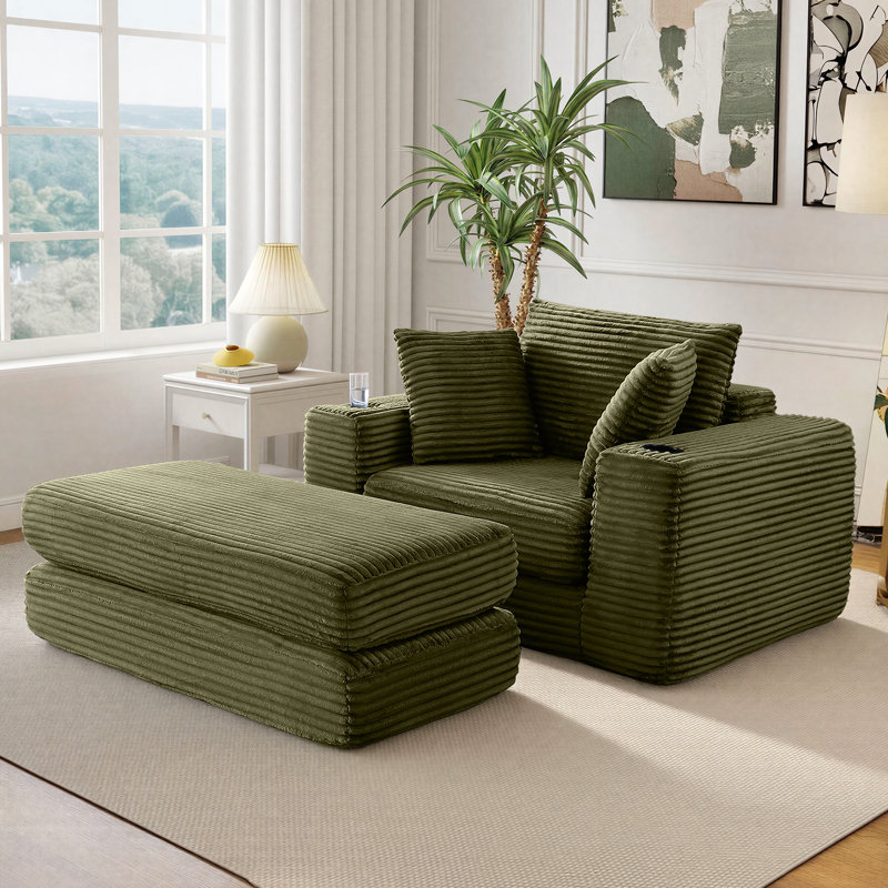 Fauteuil surdimensionné avec accoudoirs à compression de 52 po avec porte-gobelet et coussins, Vert