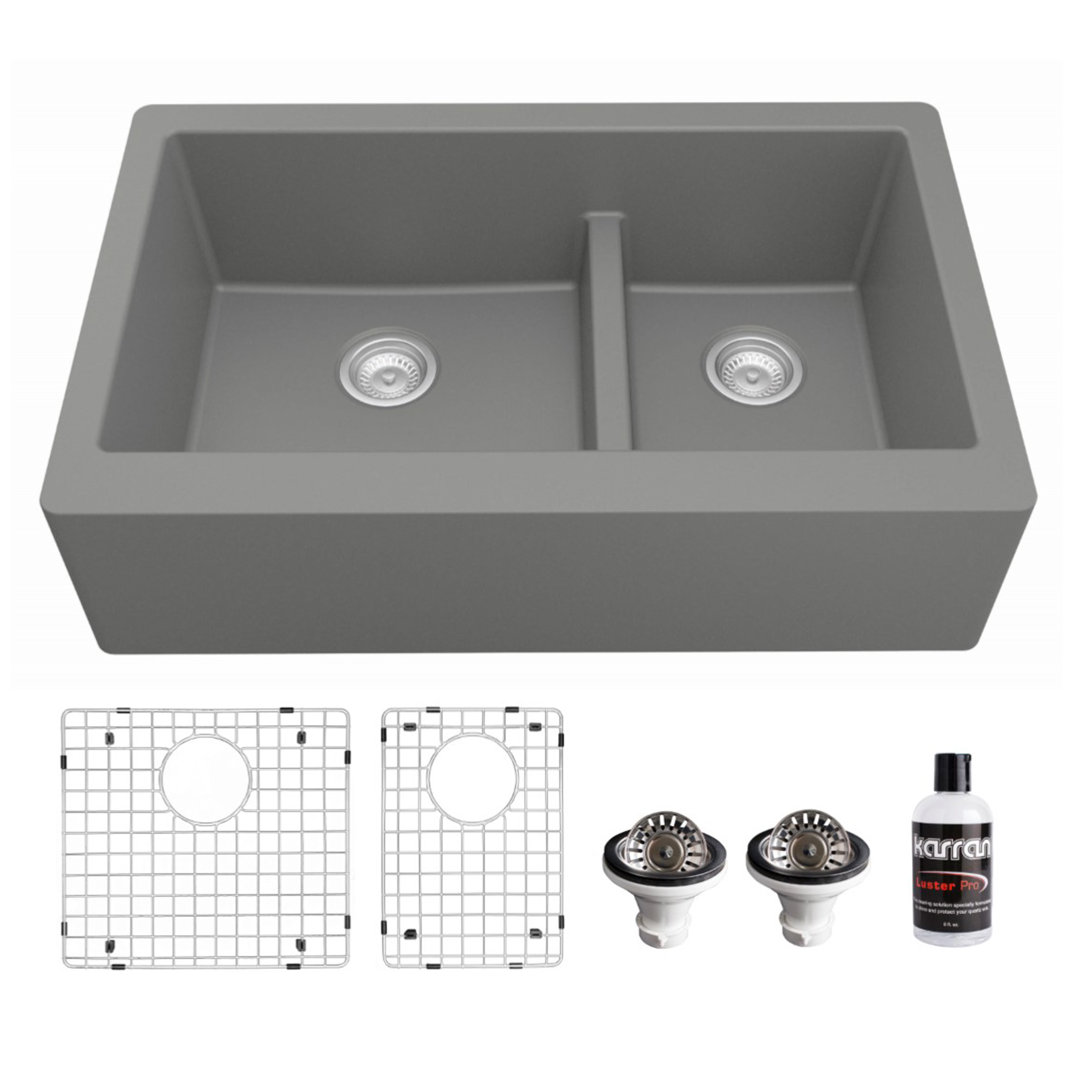 Karran Quartz 34'' X 21-1/4'' 60/40 Double Bowl Farmhouse/Apron Front Kitchen Sink Kit Karran