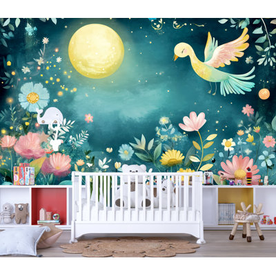 Papier peint au clair de lune avec oiseaux et fleurs