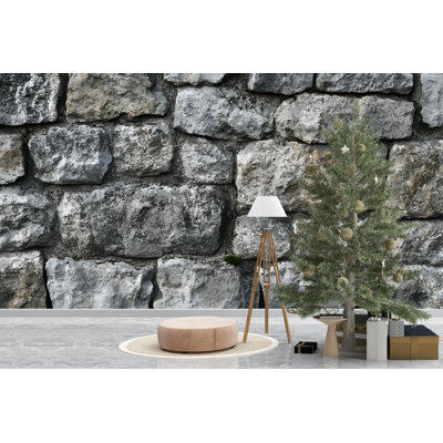Light Grey Stone Wall Wallpaper – Rustic Textured Rock Brick Mural For Modern Farmhouse, Wine Cellar, Living Room Or Industrial Style Interior Wall Decor