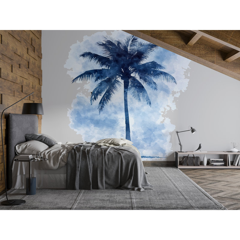 Adhésif décoratif palmier bleu - décor de chambre à coucher tropical, aquarelle côtière, art 018Mv, H 16 po x l 9 po
