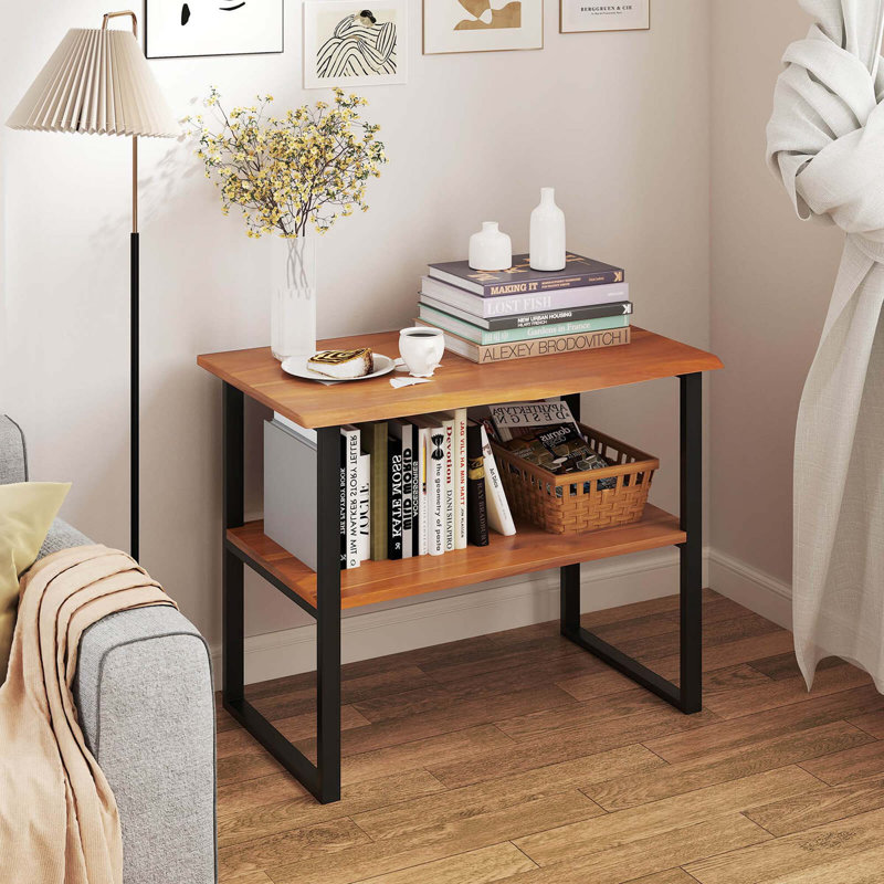 2-tier Teak Bathroom Storage Shelf Freestanding Wooden Bookshelf For Living Room