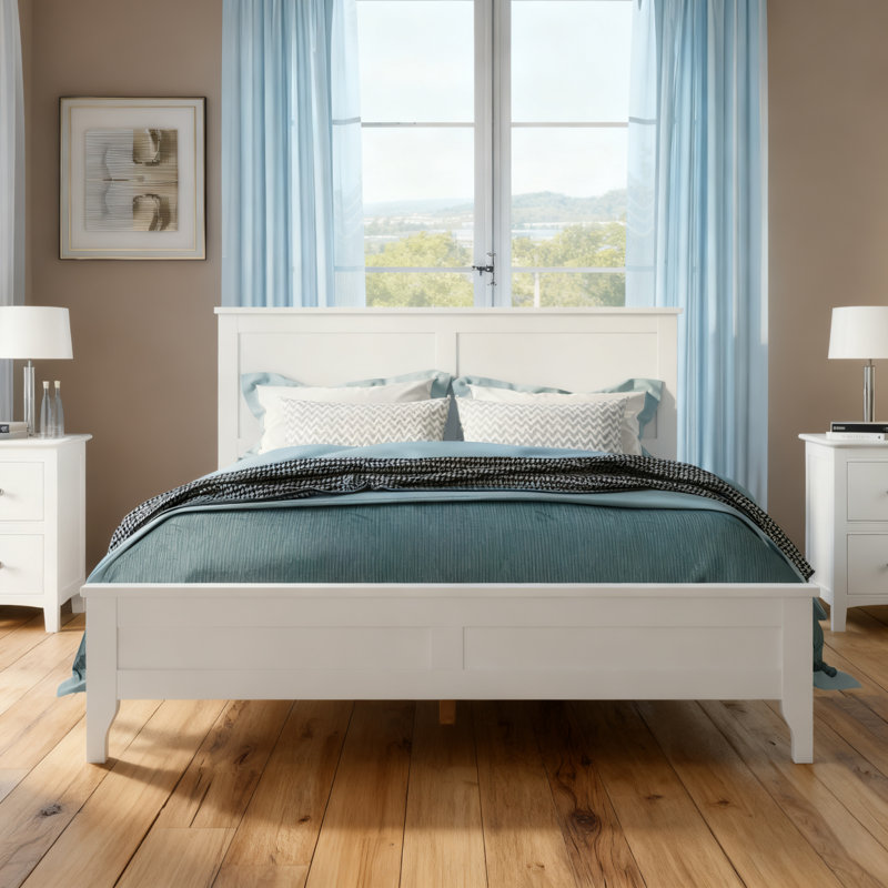 Grand lit plateforme en bois massif blanc, design moderne