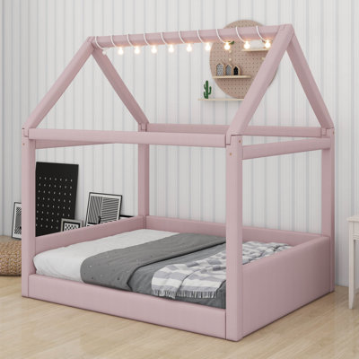 Lit de jour pour chambre double avec bandes lumineuses à DEL, maison rembourrée avec lattes de bois, aucun sommier nécessaire